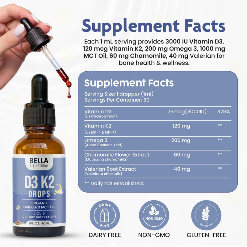 Bella All Natural Vitamin D3 K2 Drops Organic Omega 3 MCT Oil - Evening