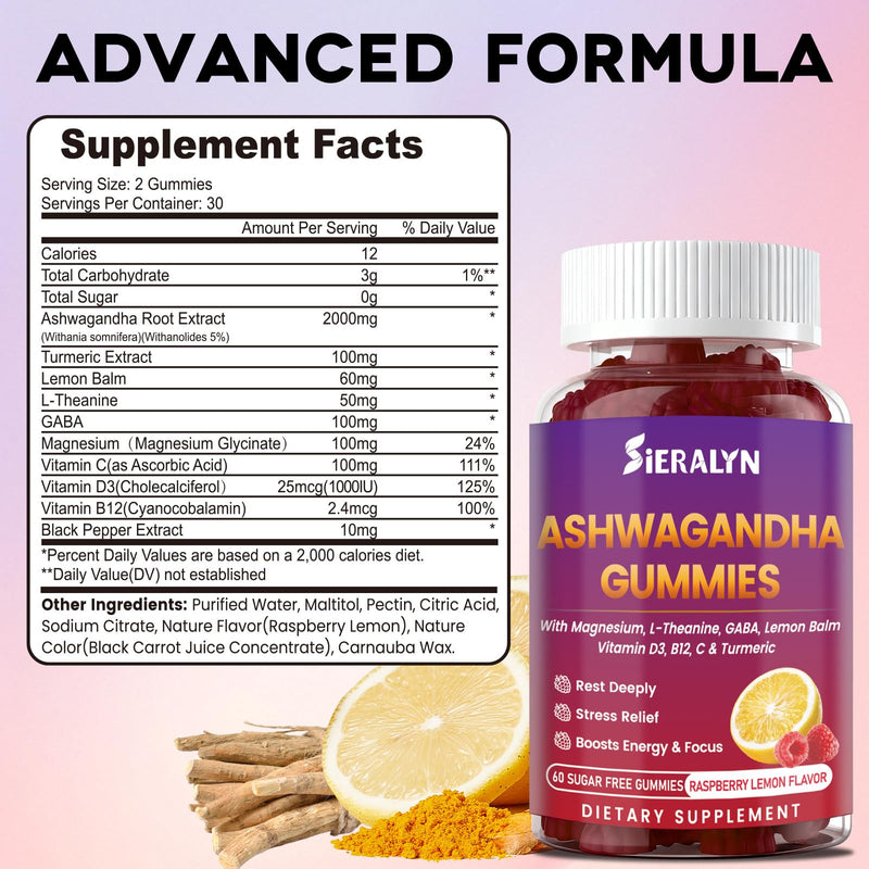 Ashwagandha Gummies Supplements 2000mg for Women Men, Vegan, Sugar-Free | Organic Ashwagandha Root Extract with D3, L-Theanine for Calm & Relax, Non-GMO, Gluten Free, 60 Count, 30-Day Supply 60 Count (Pack of 1)