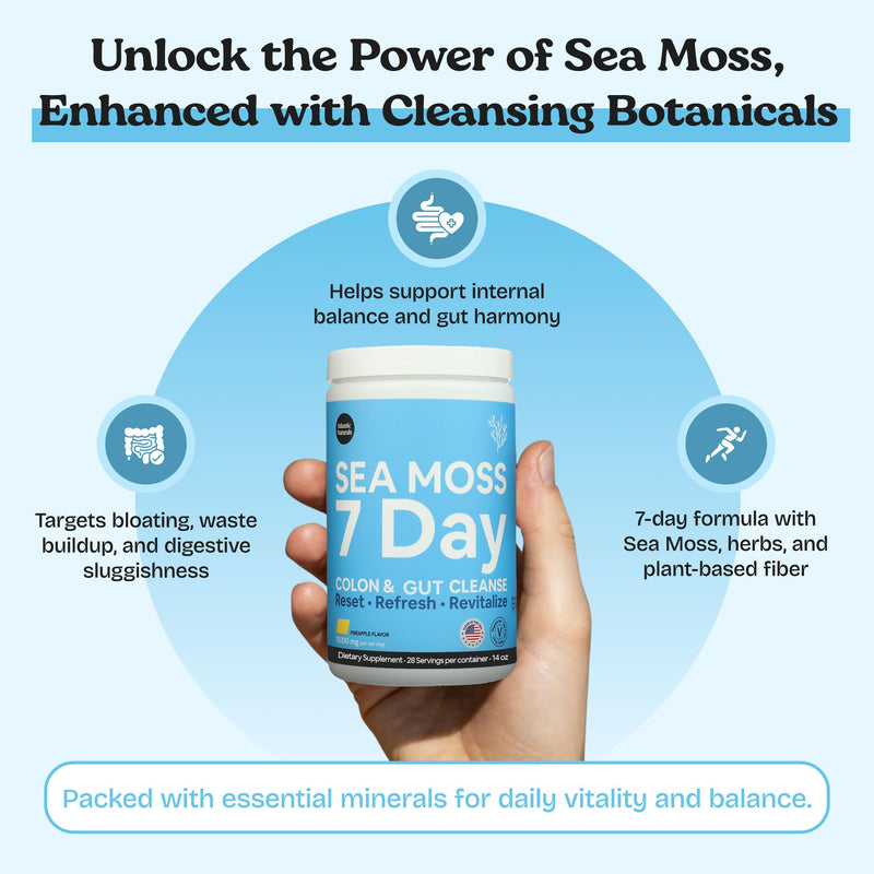 Atlantic Naturals Sea Moss Powder 15000mg | 7 Day Detox Cleanse for Women & Men | Supports Digestive & Colon Health Drink Mix with Psyllium Husk, Flaxseed & MSM | Pineapple Flavor (14 oz)