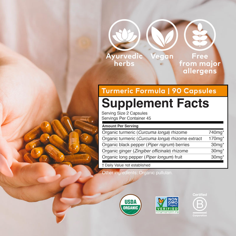 ORGANIC INDIA Turmeric Curcumin with Black Pepper - Organic Turmeric Supplement and Curcumin Supplement, Turmeric Capsules, Joint Support & Immune System Support, Whole Root, Trikatu - 90 Capsules 90 Count (Pack of 1) - BeesActive Australia