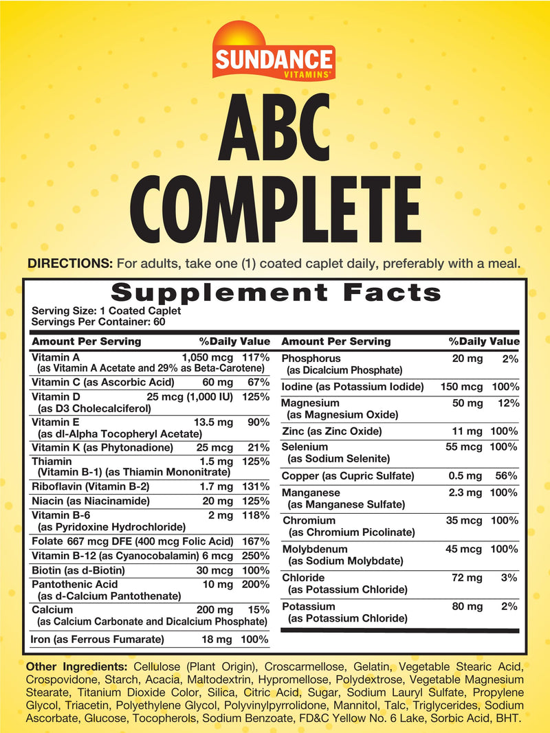 Sundance Multivitamin for Women & Men | with Iron | Mineral Formula ABC Complete | Non-GMO and Gluten Free Supplement