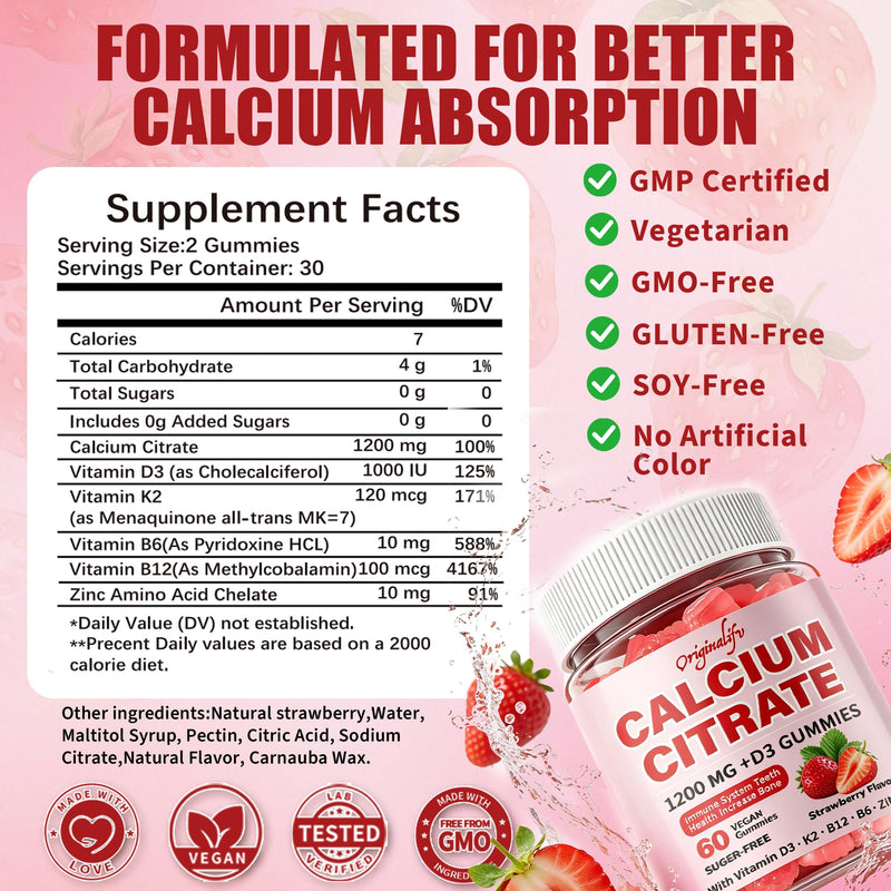 6-in-1 Calcium Gummies 1200 mg with Vitamin D3, K2, Pack of 1 | High Absorption B6,B12 & Zinc, Bone Density & Hormonal Support, Sugar-Free Vegan, Natural Strawberry Flavor