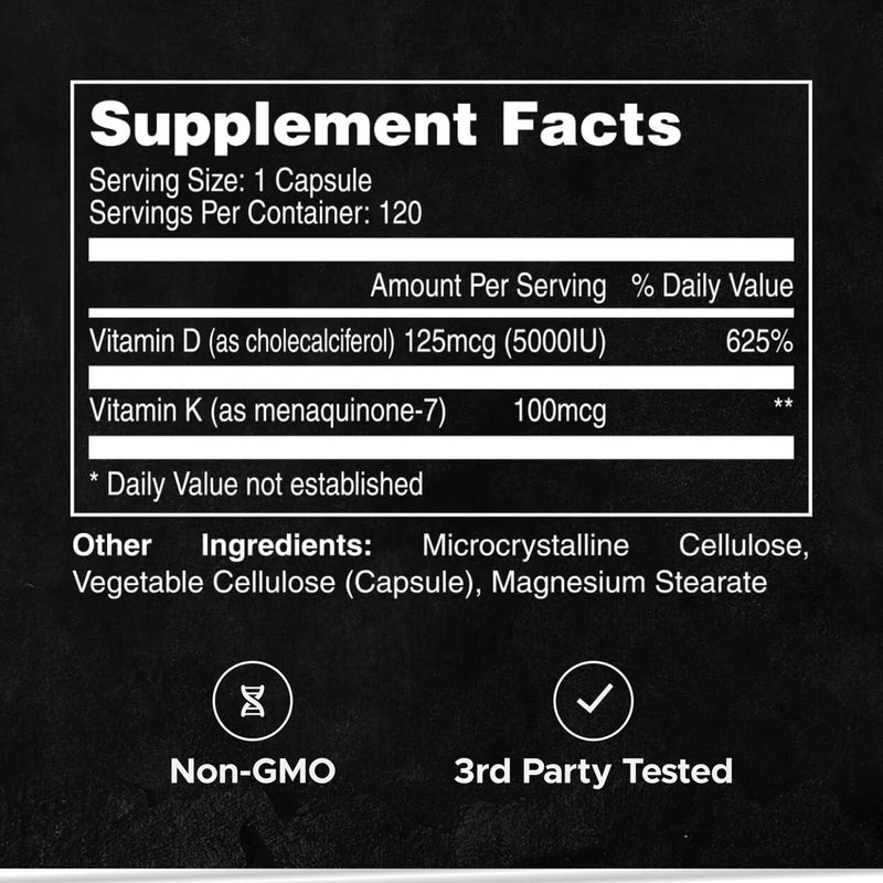 LIFEAID FITAID Essentials Vitamin D3 K2 5000 IU Support, 120 Capsules | High-absorption Vit D3 (125mcg) + K2 MK7 (100mcg) for athletes. Supports bone health & immune function. 4-month supply. 5000 IU Vitamin D3 + 100mcg K2