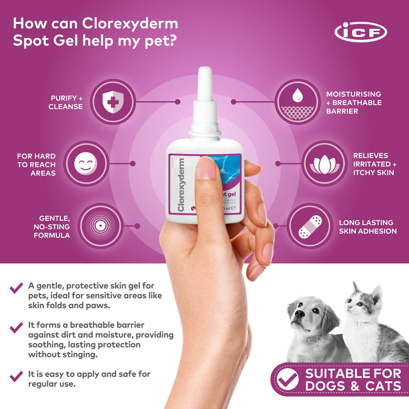 ICF | Clorexyderm Spot Gel | Advanced Cat & Dog Skin Care Gel for Itchy Skin & Wound Relief | Soothes and Moisturizes Irritated Skin | Ideal for Paws, Skin Folds, and Localized Issues 100 ml (Pack of 1)