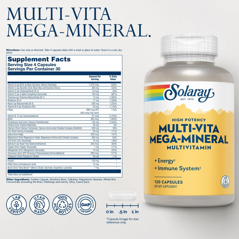 SOLARAY Multi-Vita Mega-Mineral Multivitamin, 120 Capsules | Energy, Immune, Heart, Bones & Muscle Support, Vitamins, Minerals & Trace Nutrients, 30 Servings, Lab Verified