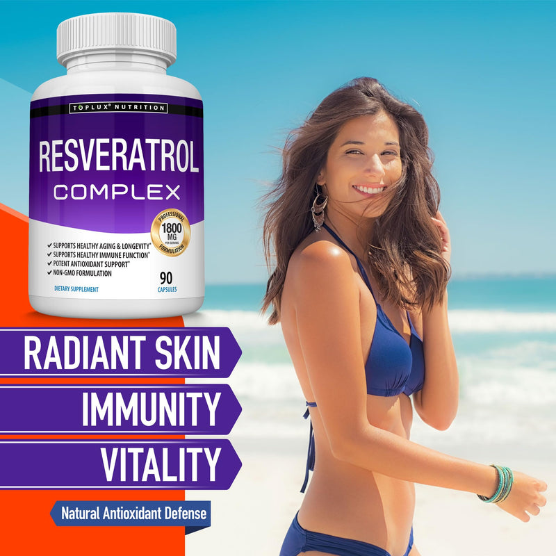 Resveratrol Supplement 1800 mg Antioxidant Complex - Highly Potent Natural Trans-Resveratrol Pills for Healthy Aging, Overall Health Support, Immune System, Brain Function, for Men Women, 90 Capsules 90 Count (Pack of 1)