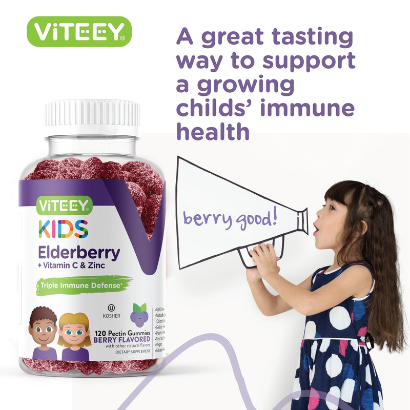 Viteey Sambucus Elderberry Gummies for Kids with Zinc & Vitamin C | Immune Support Supplements 3-1 Immune Booster - Vegan, Gelatin Free, Gluten Free, GMO Free - Chewable Berry Flavored Gummy 120 Count (Pack of 1)