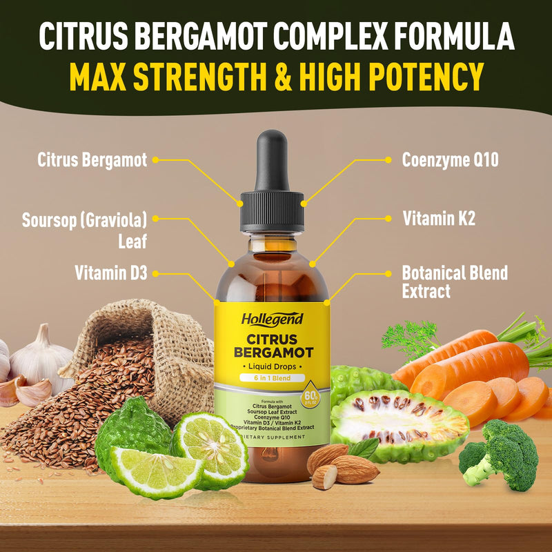 Citrus Bergamot Liquid Drops, Bergamot Extract 1000mg Supplement | Plus CoQ10, Soursop, Vitamin D3, K2 & Herbal Blend, Overall Health Support, Vegan, Lemon Flavor, 4 Fl OZ