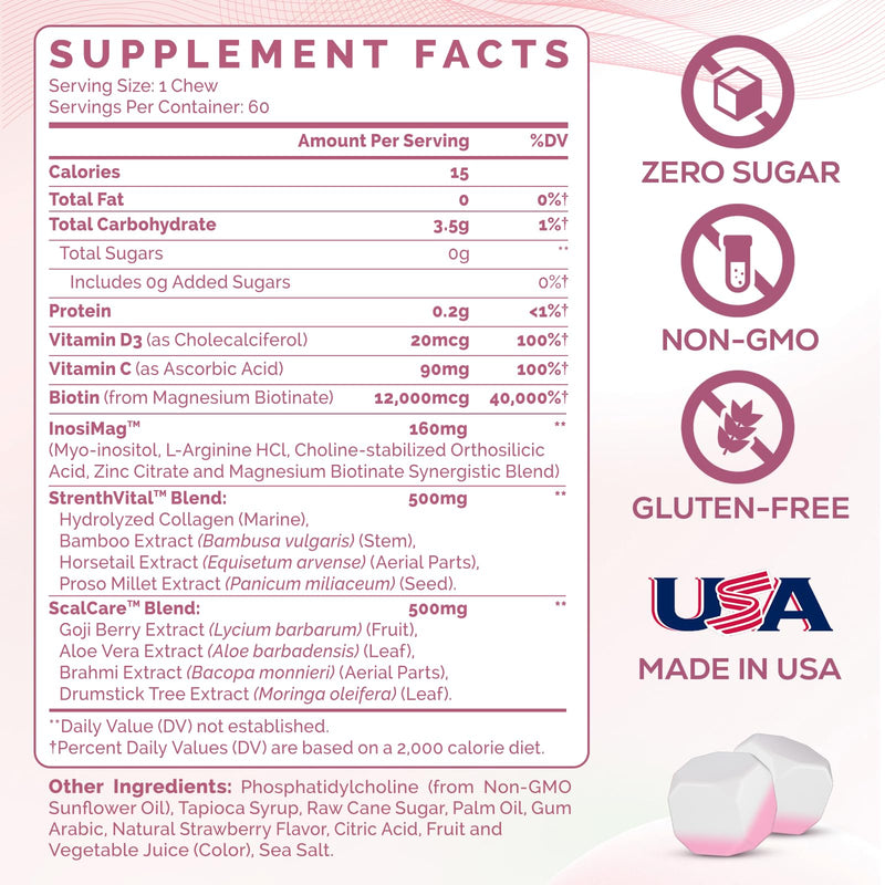 Liposomal Hair Growth Vitamins for Women, Biotin 12,000 mcg, 60 Soft Chews | Hair Growth Supplement, InosiMag, Collagen, Zinc, Vitamins C & D, Hair Skin and Nails Vitamins, Strawberry, 60-Day Supply 60 Count (Pack of 1)