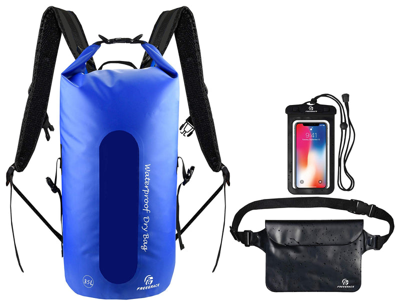 Freegrace Waterproof Dry Bag Set of 3 - Submersible Dry Sack with Double Zip Lock Seals - Includes Waist Pouch & Phone Case - Perfect for Kayaking, Swimming, Boating & Rafting (Window, Navy Blue, 35L) Window