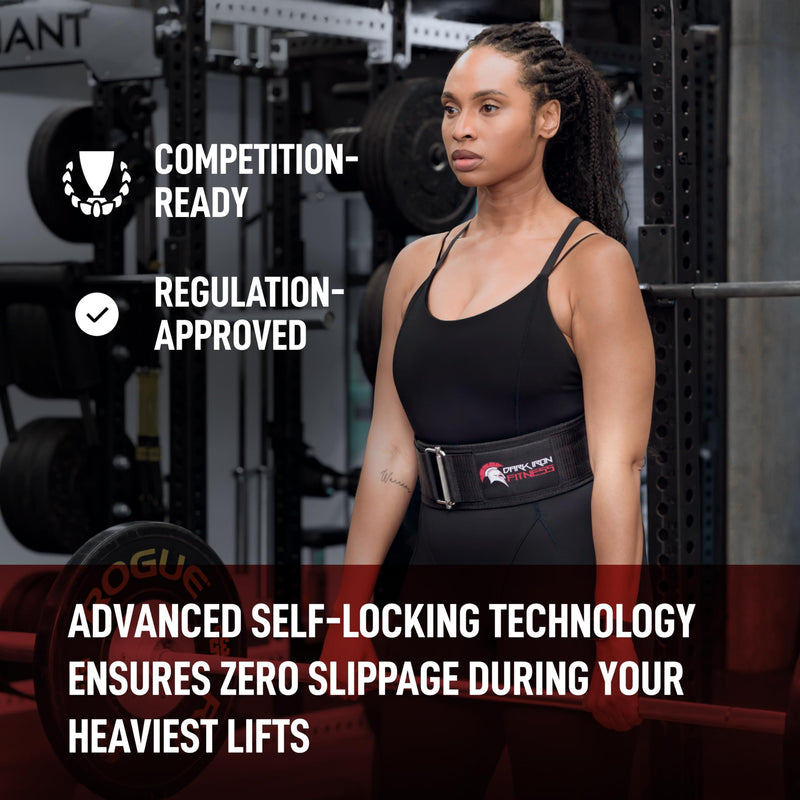 Dark Iron Fitness Self-Locking Weight Lifting Belt for Powerlifting, Squats, Premium Gym Core & Back Support, Weightlifting Training Equipment Large