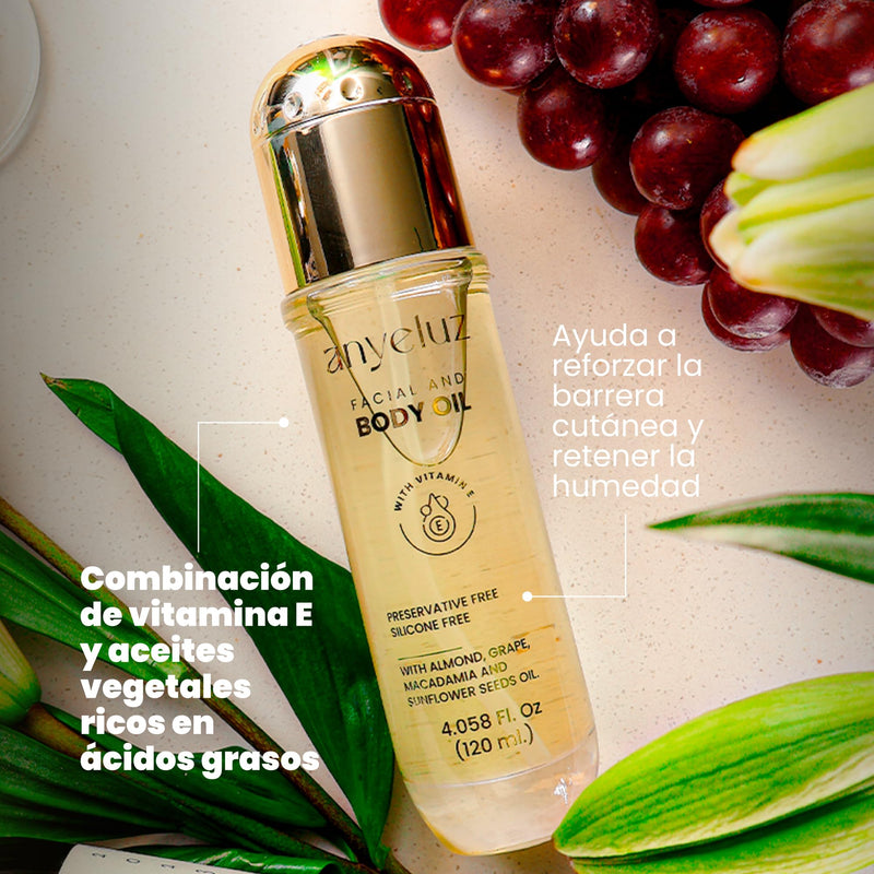 ANYELUZ Face and Body Oil with vitamin E, Luxury Anti-Aging & Stretch mark prevention formula, Deep hydration for face and body, All skin types, Óleo Facial Antiedad con Vitamina E