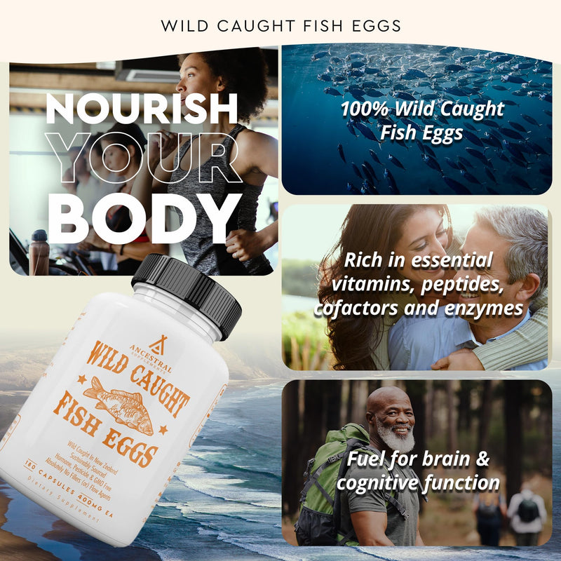 Ancestral Supplements Wild Caught Fish Eggs, Omega-3 Supplement, 180 Ct | 2400mg omega-3 fatty acids with EPA & DHA support brain, heart and fertility health, plus vitamin D, K2 and A. 180 Count (Pack of 1)