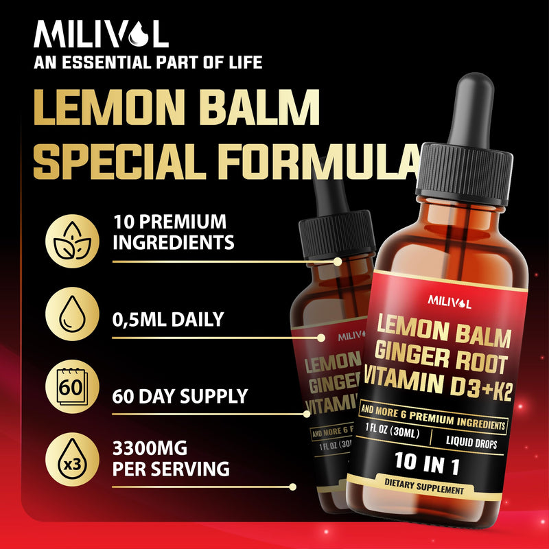 10in1 Lemon Balm Tincture - 3300mg Lemon Balm Leaf Extract Liquid Drops with Ginger Root, Turmeric Liquid, Ceylon Cinnamon, Vitamin D3, K2-1Fl Oz - 60 Servings