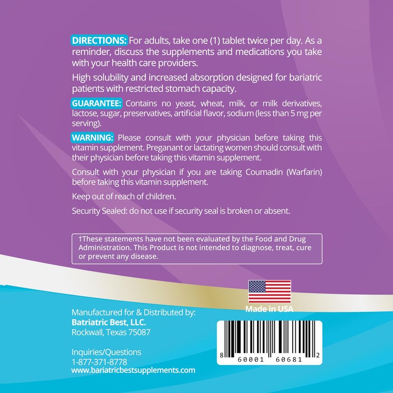 High ADEK Bariatric Multivitamin | DS, SADI & BPD/DS Surgery | Fat-Soluble Vitamins A D E K | 25 Essential Nutrients | ASMBS Compliant | Made in USA | 180 Tablets — 3 Month Supply