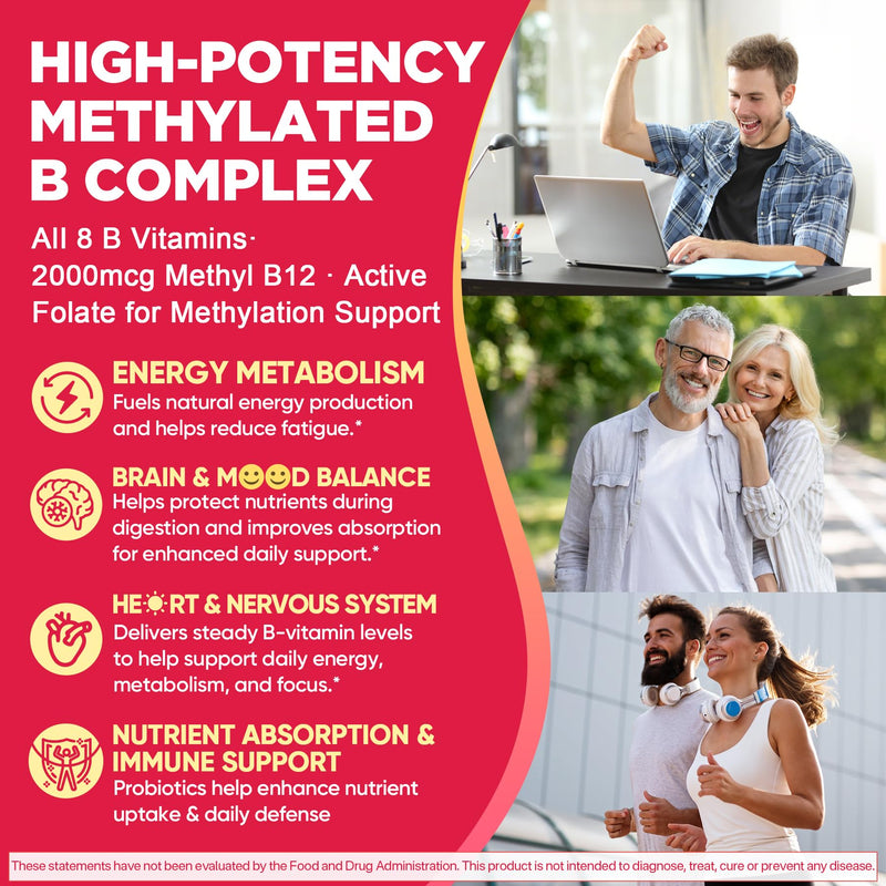 Methylated Vitamin B Complex Gummies for Women & Men, High Dose 2000 mcg Methyl B12, Liposomal Super All B Vitamins Methylfolate, B1, B2, B3, B5, B6, B7, Vitamin C, Choline for Energy, Focus, 60Counts 60 Count (Pack of 1)