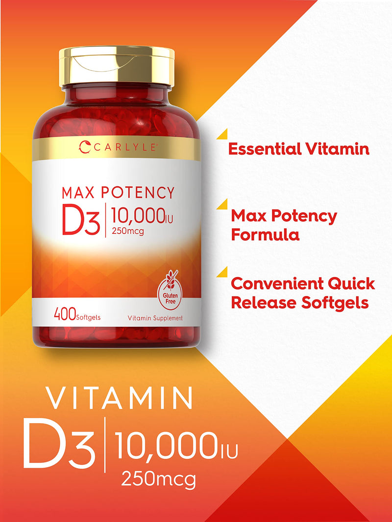 Carlyle Vitamin D 10000 IU 400 Softgels | Value Size | Max Potency | Non-GMO, Gluten Free Supplement 400 Count (Pack of 1) - BeesActive Australia