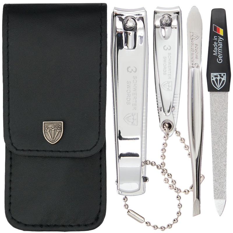 3 Swords Germany - Brand Quality 4 Piece Manicure Pedicure Grooming kit Set for Professional Finger & Toe Nail Care Tweezers File Clipper Fashion Leather case in Gift Box, Made by 3 Swords (77211) Black