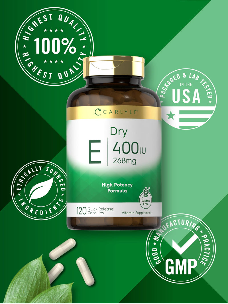 Carlyle Dry Vitamin E 400 IU | 120 Capsules | D-Alpha Tocopheryl | High Potency Formula | Non-GMO & Gluten Free Supplement
