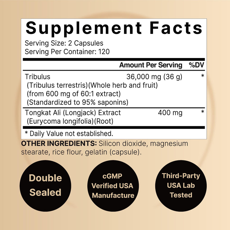 Tribulus Terrestris 36,000mg with Tongkat Ali 400mg Per Serving for Men, 240 Capsules – 95% Steroidal Saponins & Eurycoma Longifolia, Plant Source, Extra Highly Concentrated, Non-GMO, No Gluten - BeesActive Australia