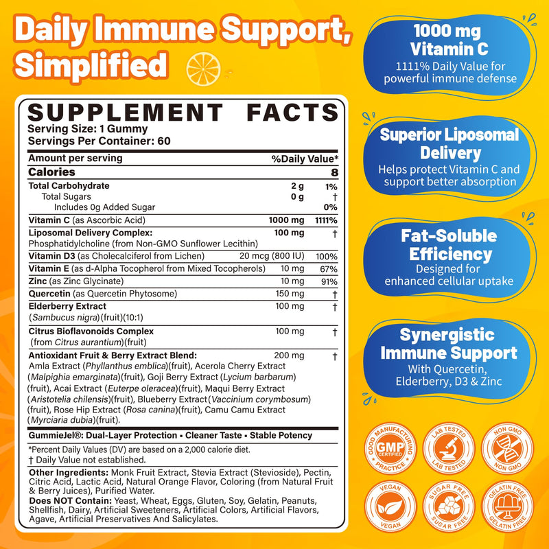 Liposomal Vitamin C Gummies 1000mg for Adults, High Absorption, 60 Servings | 15 IN 1 Chewable VIT C Supplement w/ D3, Zinc, Elderberry, Quercetin for Immune, Antioxidant, Energy Boost, Vegan, Sugar Free 60 Count (Pack of 1)