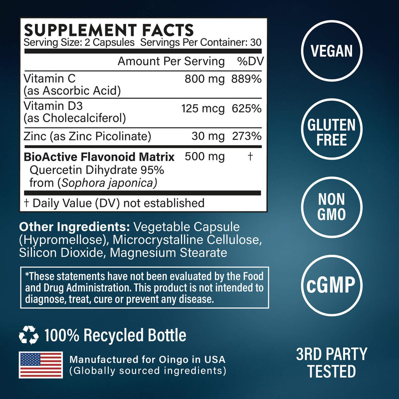Immunity Booster Capsules, Vitamin C, Vitamin D3, Zinc, and Quercetin, 60 Capsules