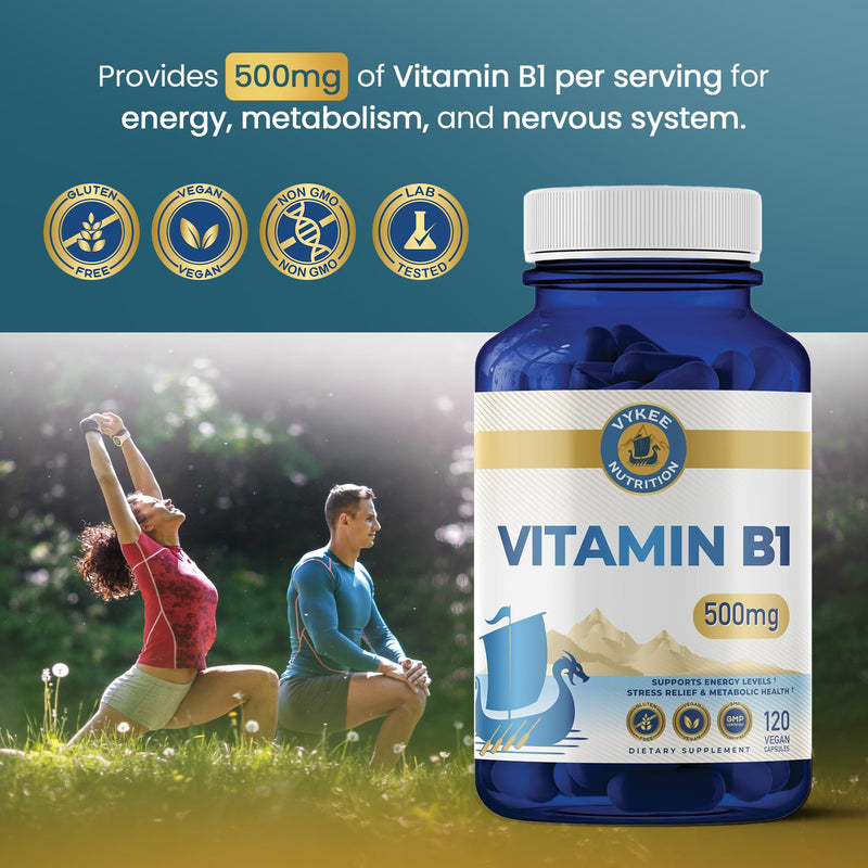 Vykee Nutrition Vitamin B1 (Thiamine) Capsules 500 mg | Supports Energy Metabolism & Nervous System Health Vegan, Non-GMO, Gluten-Free,120 Count