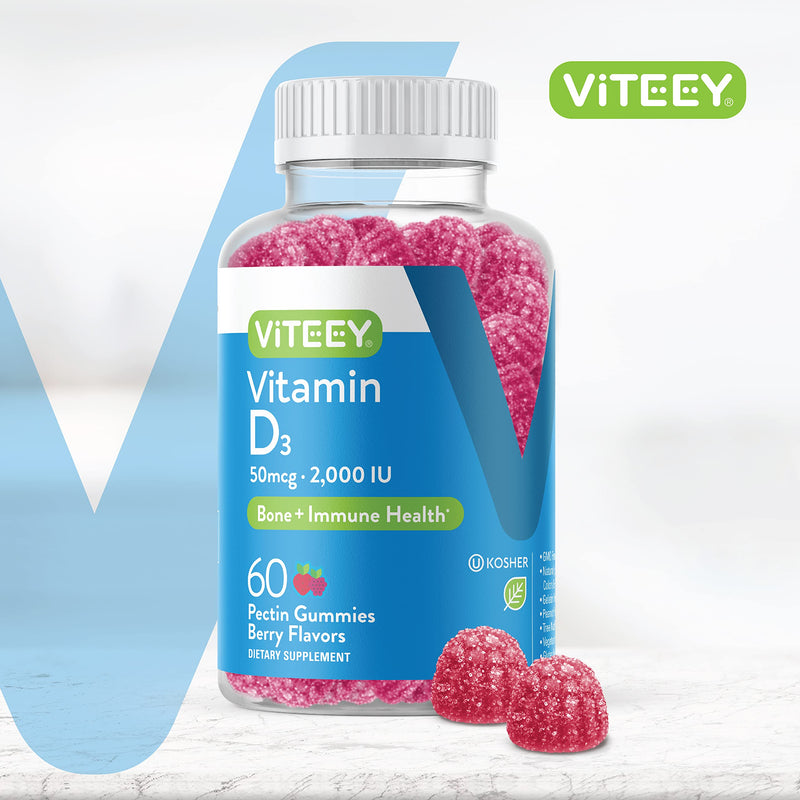 Viteey Vitamin D3 Gummies for Adults & Teens - 2,000 IU, 50mcg | Regular Strength - Joint & Muscle Health, Immune Boost - Chewable Vitamin D Gummies - Vegetarian, Gelatin Free - 60 Count 60 Count (Pack of 1)