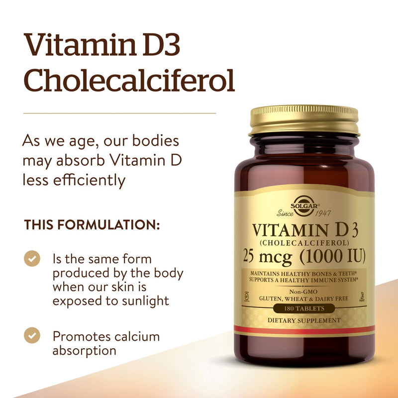 Solgar Vitamin D3 (Cholecalciferol) 25 MCG (1000 IU), 180 Servings | Helps Maintain Healthy Bones & Teeth - Immune System Support - Non-GMO, Gluten Free, Dairy Free, Kosher Unflavored 180 Count (Pack of 1)