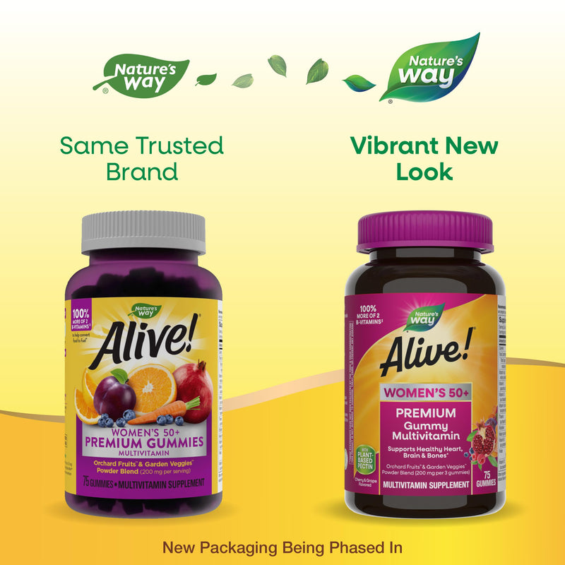 Nature's Way Alive! Women's 50+ Premium Gummy Multivitamin Supplement, Supports Heart, Brain & Bones*,B-Vitamins,Vegetarian,Grape&Cherry Flavored Gummy Vitamins,75 Gummies Packaging Vary,(Pack of 2) 75 Count (Pack of 2)