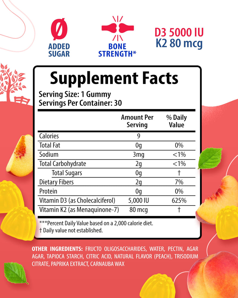 SUNNY SAM Sugar-Free Vitamin D3 K2 Gummies 5000 IU - Immune & Bone Support - Vitamin D Gummy Supplement for Adults - High-Absorption, Vegan, Halal, Gluten-Free Chewable Vitamins - 30 Count 30 Count (Pack of 1)