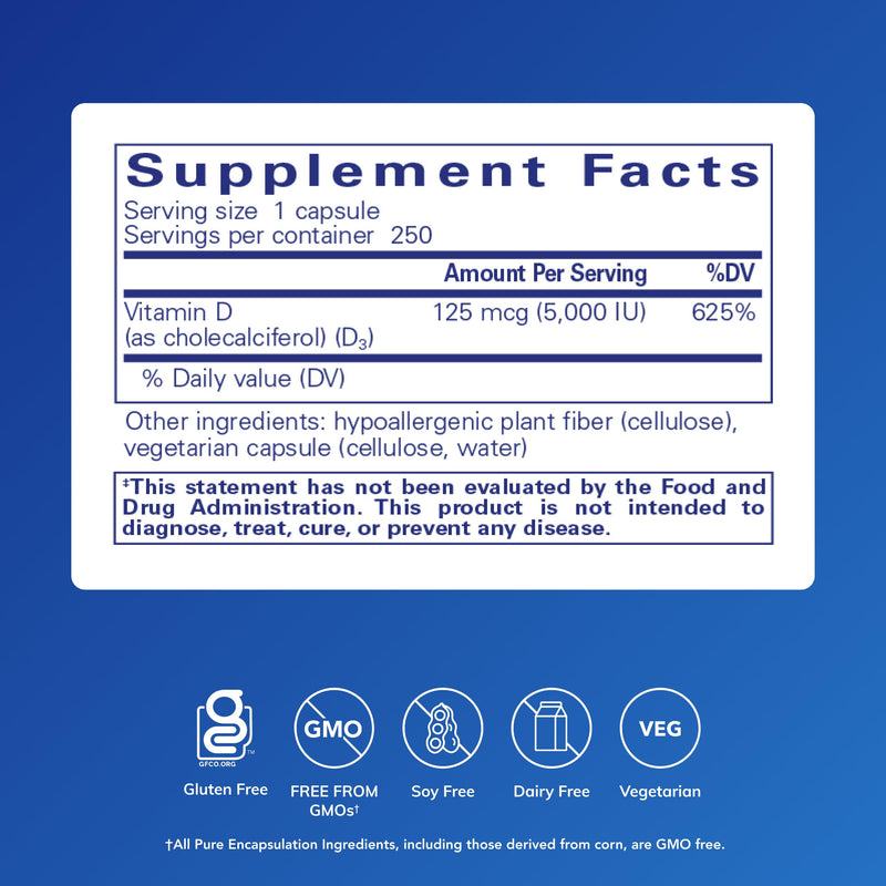 Pure Encapsulations Vitamin D3 125 mcg (5,000 IU), 250 Capsules | Supplement to Support Bone, Joint, Breast, Heart, Colon, and Immune Health*, with Vitamin D 250 Count (Pack of 1)