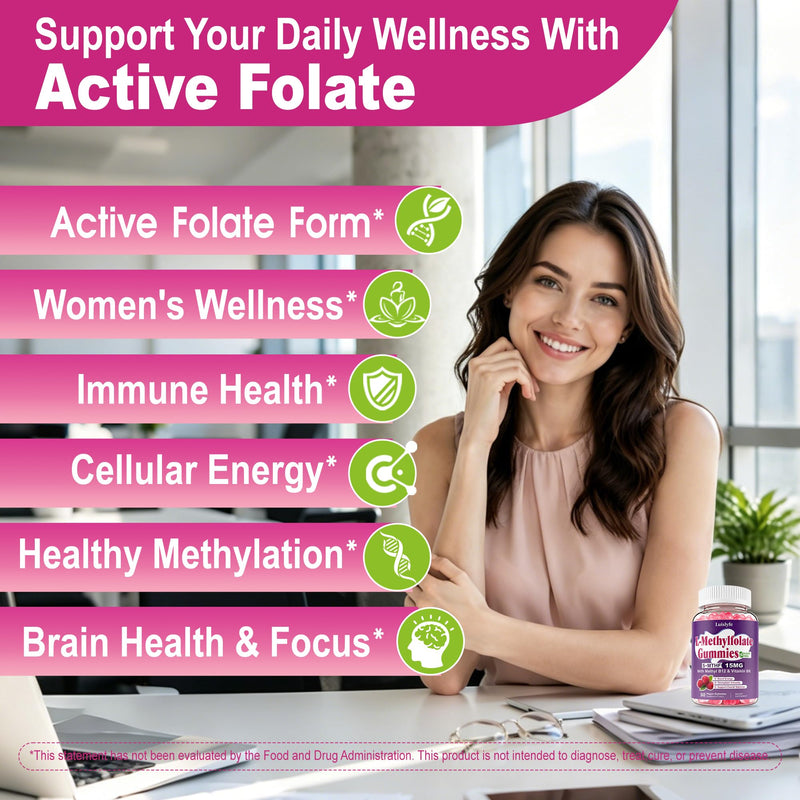 2 Pack L-Methylfolate 15mg Gummies & Methyl B12, High Absorption Active Folate 5-MTHF Supplement for Cognition, Mood & Immune, Sugar Free, Vegan, Non-GMO, Raspberry Flavor, 120 Count 60 Count (Pack of 2)