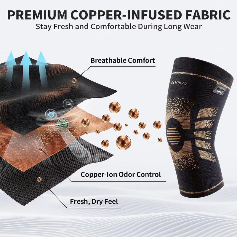 CAMBIVO Copper Knee Brace for Women and Men with Pull-Up Tabs, Knee Compression Sleeve for Knee Pain Relief, Knee Support for Daily Uses, Running, Workouts, Work, Recovery, Relief (Midnight Copper, Large) Midnight Copper