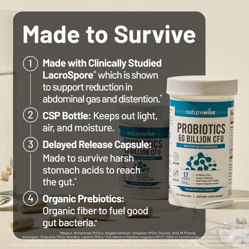 NatureWise Probiotics 60 Billion CFU - 17 Strains + Organic Prebiotics - Immune, Digestive & Gut Health Support for Women & Men - Vegetarian, Gluten-Free, Non-GMO - 30 Capsules[1-Month Supply] 30 Count (Pack of 1) - BeesActive Australia