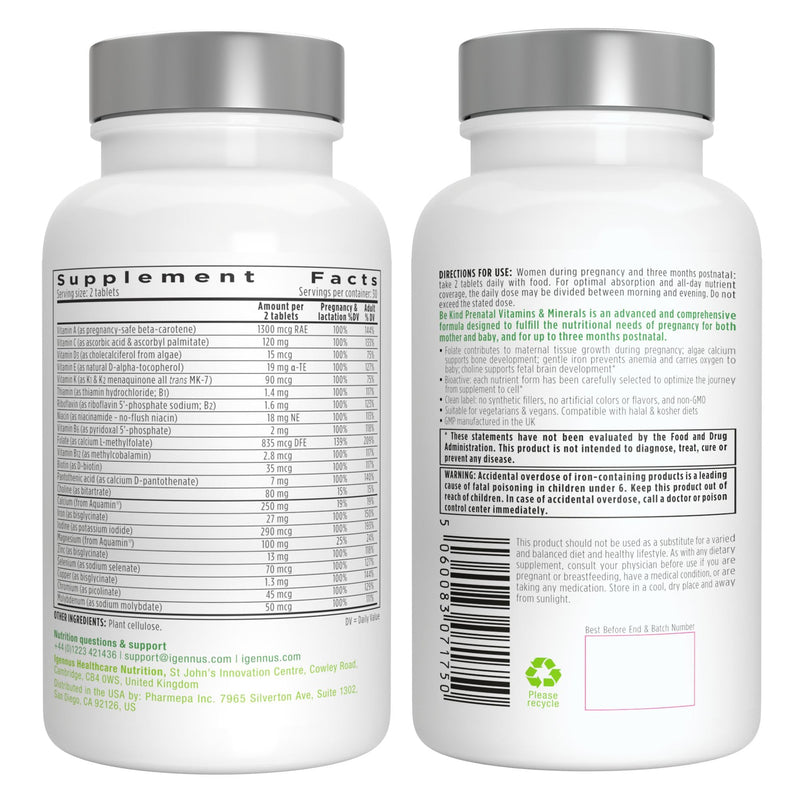 Igennus Methylated Prenatal Multivitamin, Folate for MTHFR, Pure & Clean | Choline & Gentle Iron, High Absorption Prenatal Vitamins for Women with Calcium & Magnesium, Vegan, Halal, 60 Tablets 60 Count (Pack of 1)