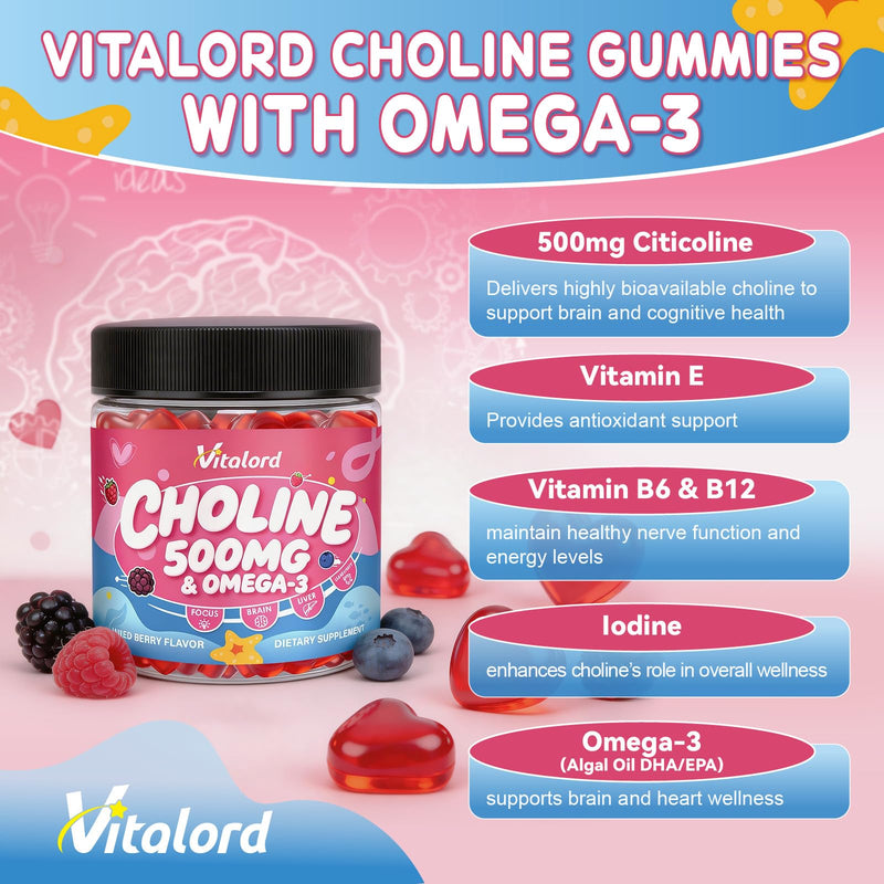 CDP Choline with Omega 3 Gummies 500mg for Kids & Women, 60 Count | Chewable Citicoline Supplement with Vitamins, Prenatal, Brain Health, Liver Support, Focus & Energy, Mixed Berry Flavor