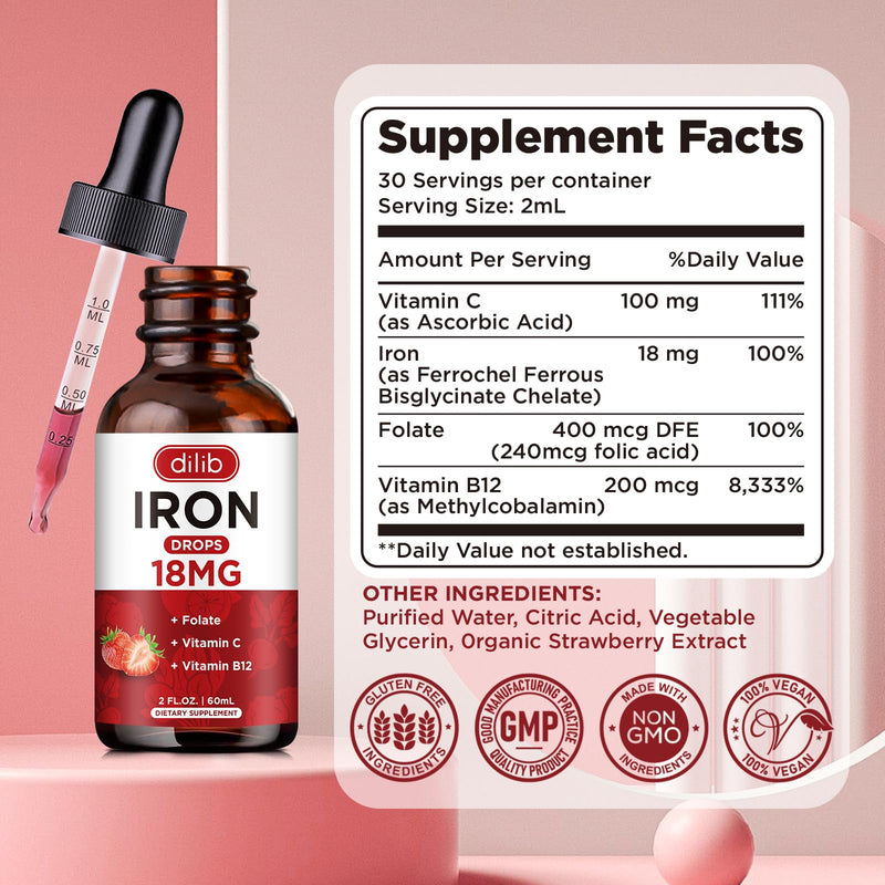 Liquid Iron Supplement for Women & Men Iron Drops Iron Supplements for Anemia with Folate, Vitamin C, B12 for Red Blood Cell Support-Strawberry, 2 Fl Oz Strawberry 2 Fl Oz (Pack of 1)