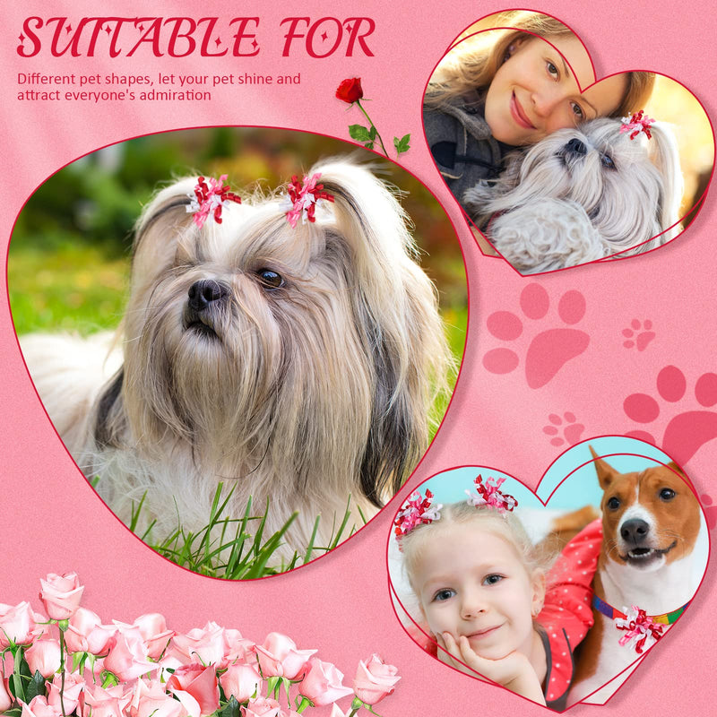 Chuangdi 24 Pcs Valentine's Day Dogs Hair Bows for Pet Hair Bows with Rubber Band Ribbon Curly Dog Hair Bows Adorable Rhinestone Dog Bows Puppy Bows Cat Dog Hair Accessories Heart Pattern - BeesActive Australia
