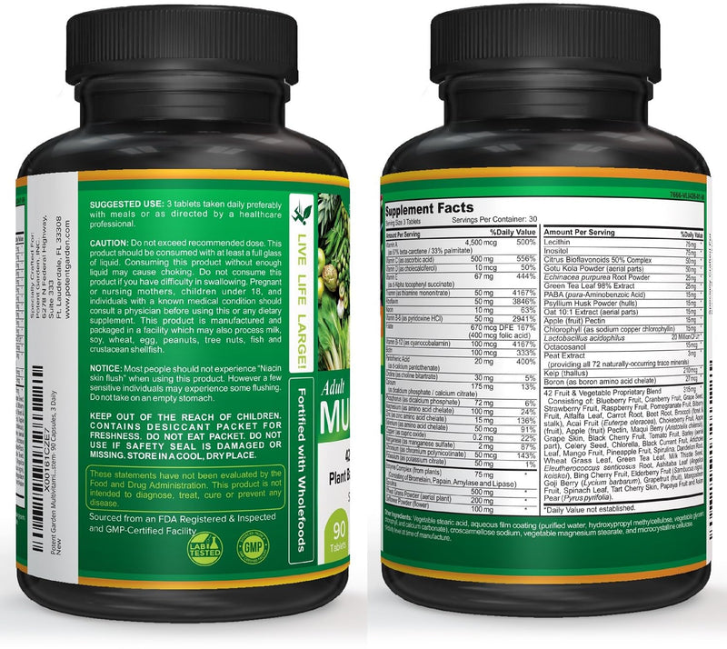 Potent Garden Multivitamin for Men & Women – 42 Fruits & Vegetables, Probiotics & Enzymes, Daily Whole Food Supplement for Energy, Immune Support & Digestion, Non-GMO, 90 Tablets