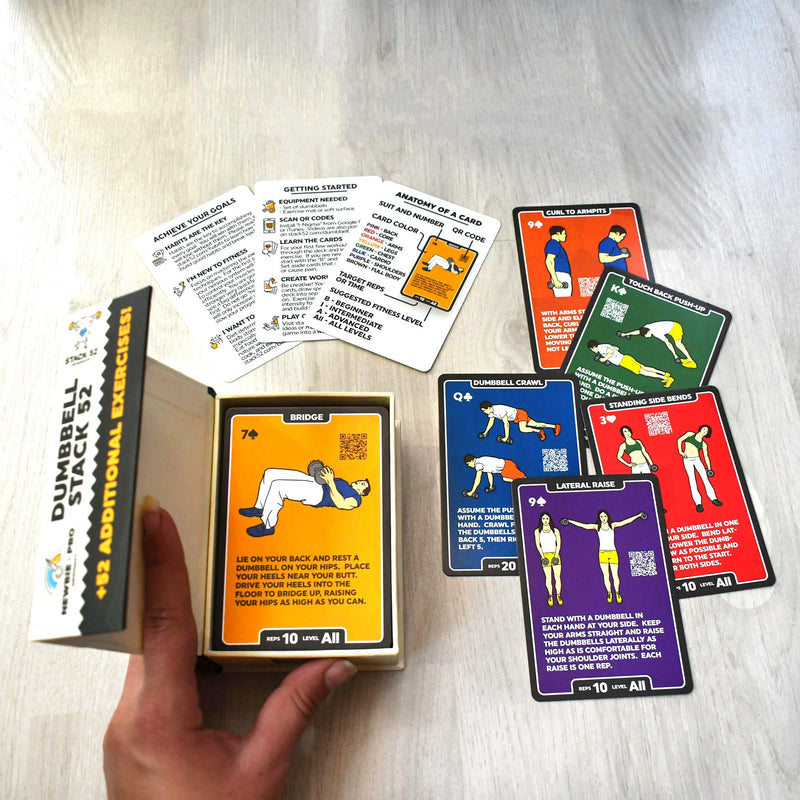 Stack 52 Dumbbell Exercise Cards. Workout Playing Card Game. Video Instructions Included. Perfect for Training with Adjustable Free Weight Sets and Home Gym Fitness. (2019 Mega Pack) 107 Card Mega Pack