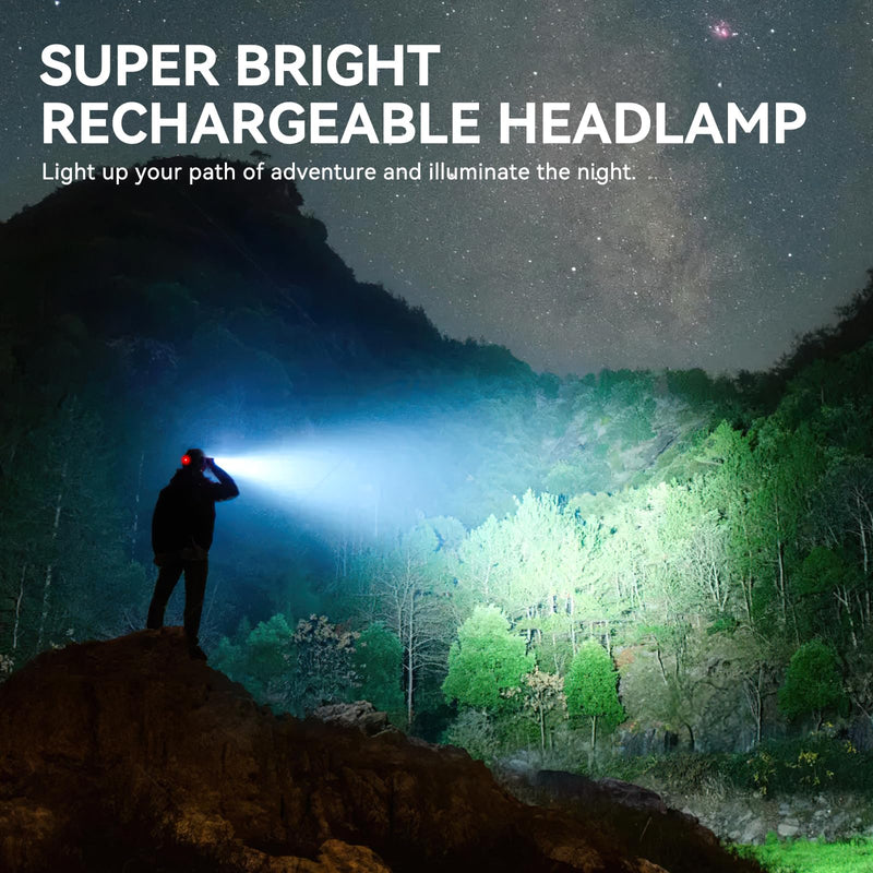 WdtPro Headlamp Rechargeable, 2 Pack 3000LM Bright Headlight, Lightweight Flashlight with 3 Powered LED, Waterproof 90°Adjustable 4 Modes & Tail Lights Head Lamp for Camping Outdoor Running