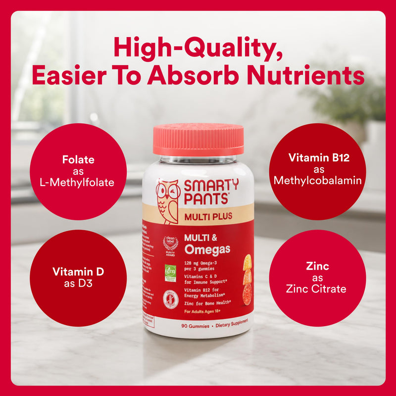 SmartyPants Plus Multi & Omegas Men and Women's Multivitamin Gummies with Omega 3 DHA/EPA, Vitamin D3, C, B12, B6, A, K, Zinc, Biotin, Clean Label, Three Fruit Flavors, 90 Count (30 Day Supply) Adult Mutivitamin Gummies