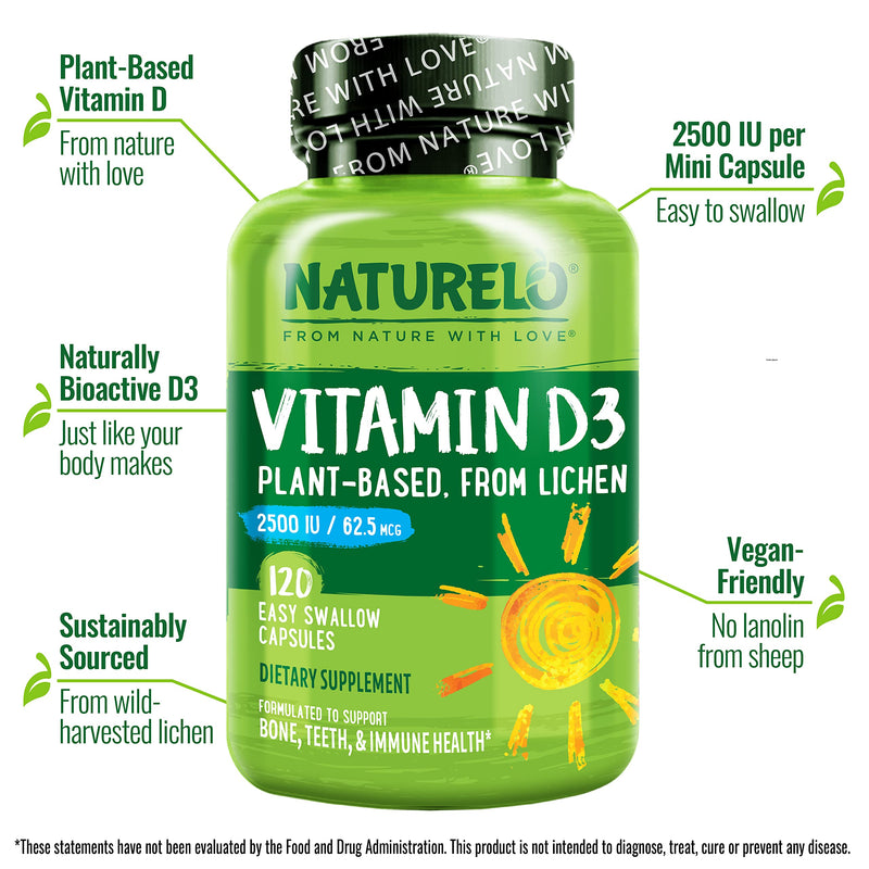 NATURELO Vitamin D3 2500 IU, Joint Support & Bone Health, 120 Count | Vegan D3 Supplement, Vitamin D Supplements for Immune System, Plant-Based Capsules, Non-GMO, Gluten Free Unflavored 120 Count (Pack of 1)