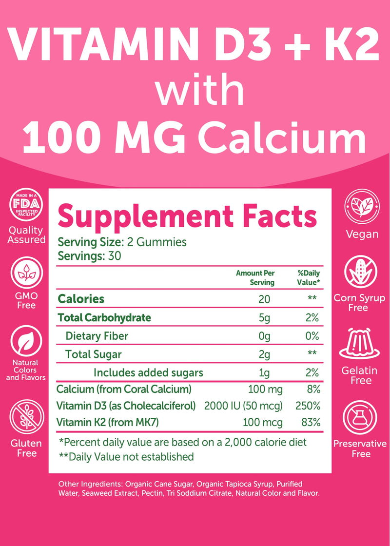 Lunakai USA Made Vitamin D3 K2 Gummies with Calcium – 3-in-1 Daily Vegan Supplement for Bone & Immune Support for Women, Men & Kids, 60ct 60 Count (Pack of 1) Vitamin D3 + K2