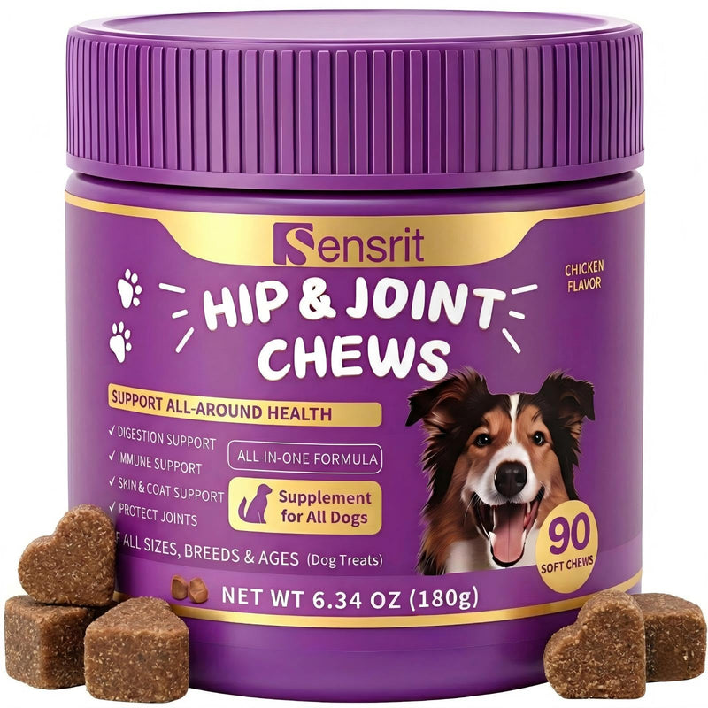 Hip and Joint Chews for Dogs - All-in-One Mobility Support with Glucosamine, MSM, Chondroitin & Green Lipped Mussel - 90CT Chicken Flavor - Helps with Dog Stiffness, Limping & Recovery.
