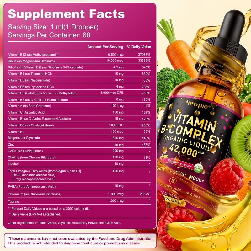 Vitamin B Complex Liquid Drops - B12 Methylcobalamin, B6, B1, Niacin & Folate, Biotin, Vitamin C, Choline, Inositol, CoQ10 & Taurine - Methylated Sublingual for Energy & Focus - Vegan, Organic 60 Fl Oz (Pack of 2)