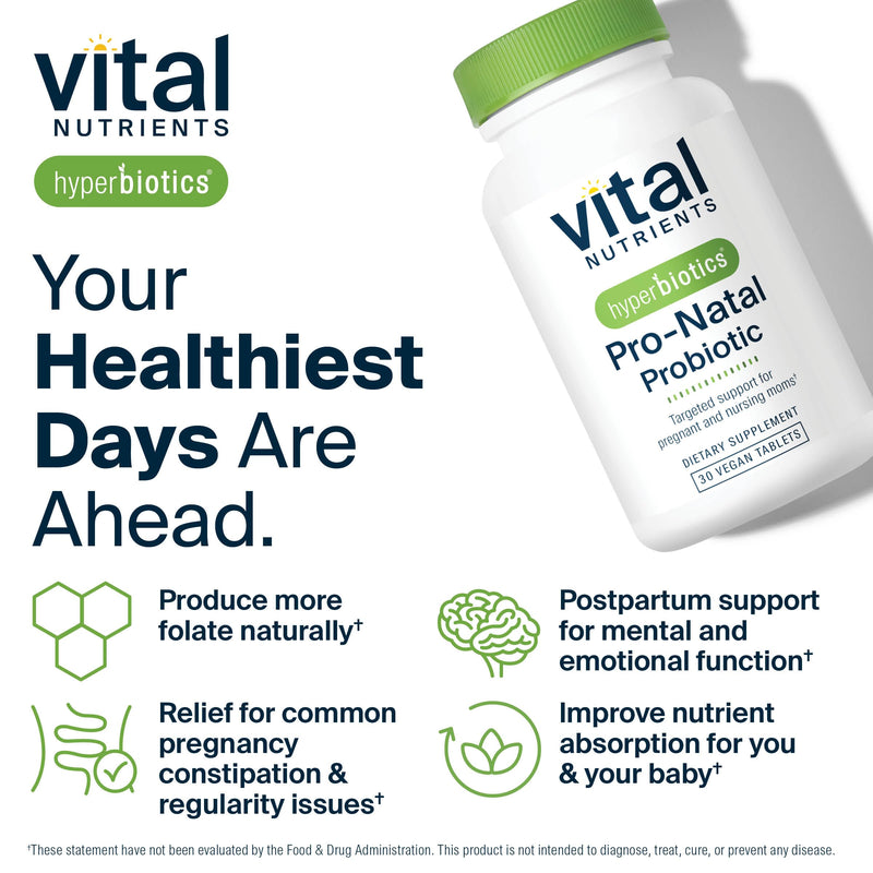 Hyperbiotics Vital Nutrients Pro-Natal Prenatal Probiotics for Women | Support for Occasional Nausea, Bloating, and Gas | Vegan Pregnancy Probiotic for Women | Gluten, Dairy, Soy Free | 30 Tablets
