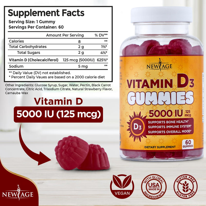NEW AGE Vitamin D3 5000 IU 125mcg Gummies - Support Immune Support, Strong Bone Health - Non-GMO, Gluten-Free, Dairy-Free, No Gelatin (120 Gummies (Pack of 2)) 120 Gummies (Pack of 2) - BeesActive Australia
