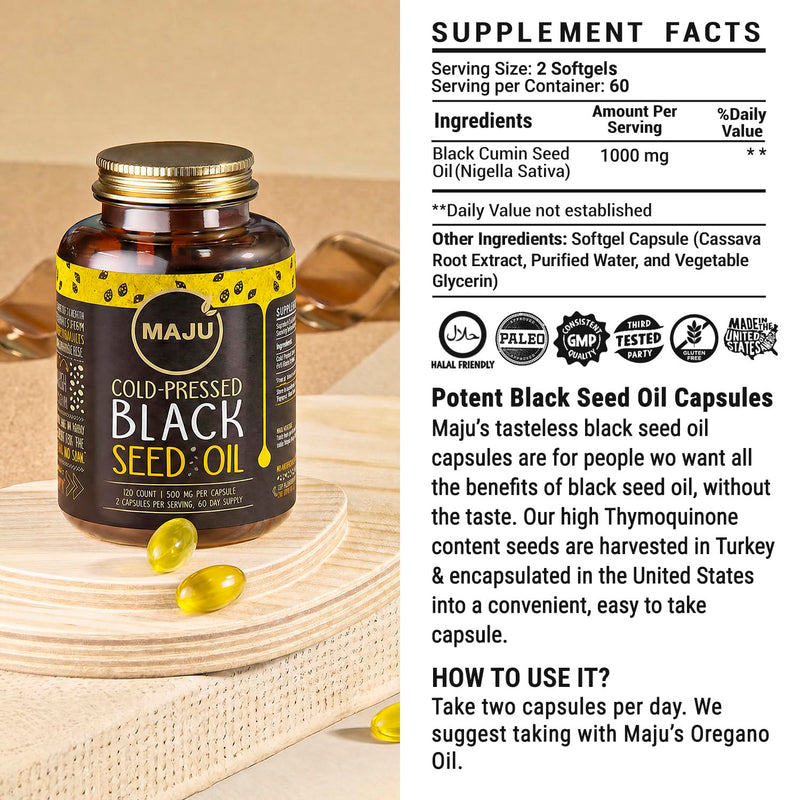 Maju Superfoods Black Seed Oil Capsules, Strong Cold Pressed, 3X Thymoquinone, 100% Turkish Black Cumin Nigella Sativa Seed Oil, Organic BSO, Liquid Blackseed, 120 Count, 500mg per Capsule 120 Count (Pack of 1)
